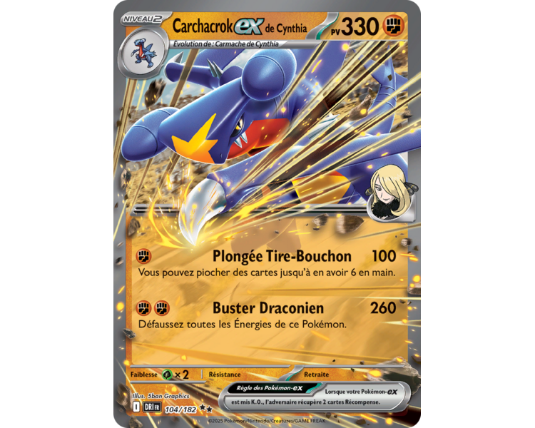 Carchacrok-ex de Cynthia Pv 330 104/182 – Carte Pokémon‑ex Double Rare – Écarlate et Violet Rivalités Destinées Carchacrok-ex de Cynthia Pv 330 104/182 – Carte Pokémon‑ex Double Rare – Écarlate et Violet Rivalités Destinées