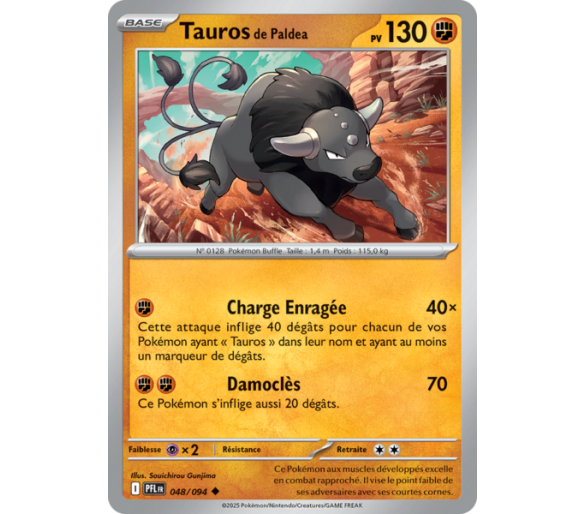 Tauros de Paldea Pv 130 048/094 - Carte Peu Commune Reverse - Méga-Évolution Flammes Fantasmagoriques