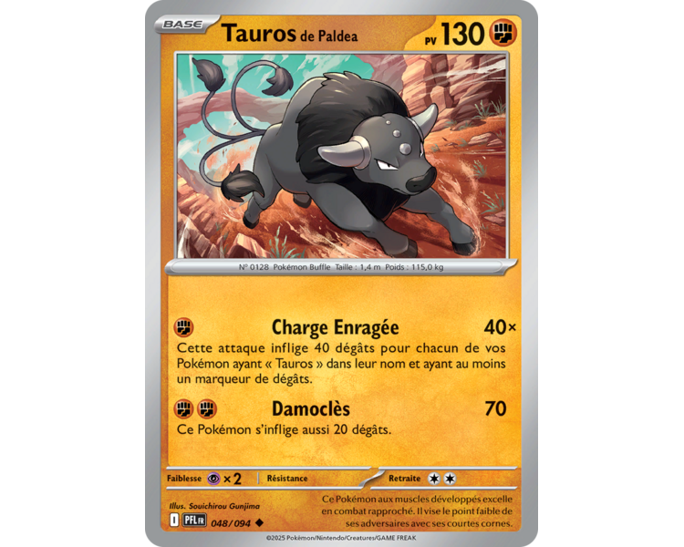 Tauros de Paldea Pv 130 048/094 - Carte Peu Commune Reverse - Méga-Évolution Flammes Fantasmagoriques