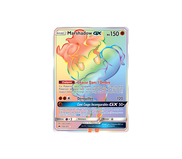 Carte Pokémon Marshadow GX Pv 150 - 156/147 - Secrète Rare Arc En Ciel - Soleil et Lune  - Ombres Ardentes