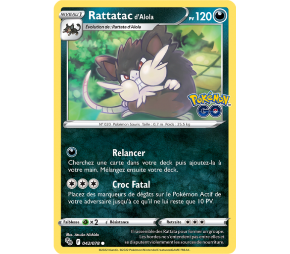 Rattatac d'Alola Pv 120 - 042/078 - Carte Peu Commune - Épée et Bouclier - Pokémon GO